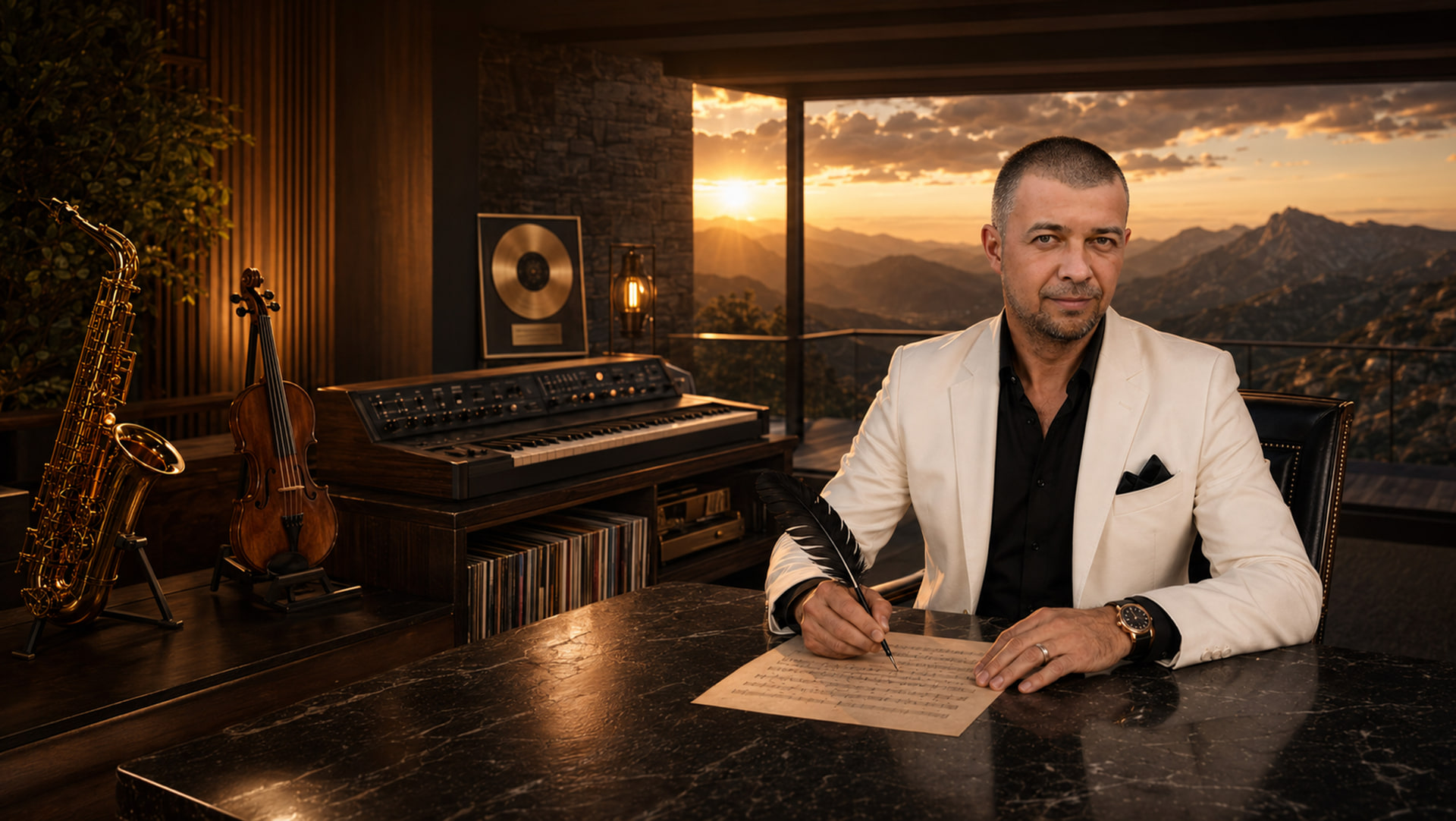 Yurii Kuklich in a white jacket writing with a black quill in a music studio overlooking mountains at sunset.